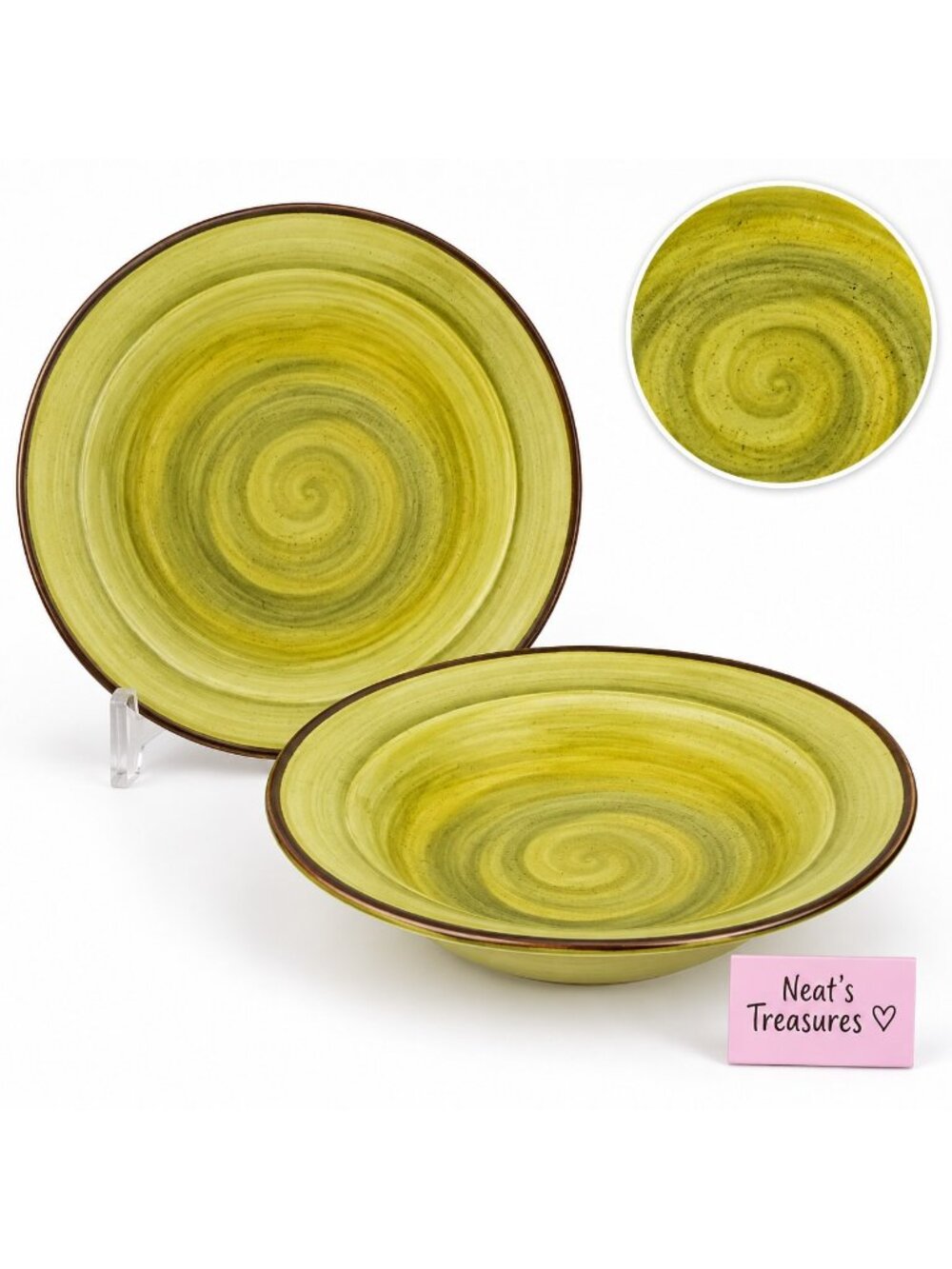 Thomson Pottery Green Swirl Speckle Brown Large Rim Soup Pasta Bowl Set 2
